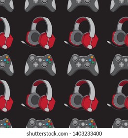 Gamepad joystick game controller and Headphones with microphone seamless pattern. Devices for video games, esports, gamer and streemer. Hand drawn objects on black background. 