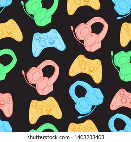 Gamepad joystick game controller and Headphones with microphone seamless pattern. Devices for video games, esports, gamer and streemer. Hand drawn objects on black background. 