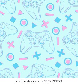 Gamepad Joystick Game Controller Seamless Pattern. Devices For Video Games, Esports, Gamer On Blue Background.  Hand Drawn Vector In Sketch Style.