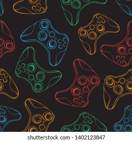 Gamepad Joystick Game Controller Seamless Pattern. Devices For Video Games, Esports, Gamer On Black Background.  Hand Drawn Vector In Sketch Style.