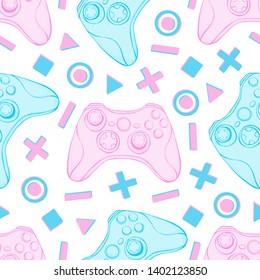 Gamepad joystick game controller seamless pattern. Devices for video games, esports, gamer on white background.  Hand drawn vector in sketch style.