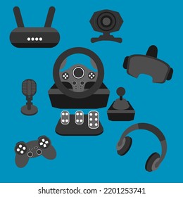 Gamepad, joystick, mic, web cam, VR glasses , wireless router, steering wheel, headphones, gadgets. icon vector illustration flat design. 