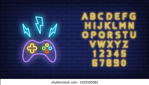 Gamepad with lightnings neon sign. Video game and entertainment design. Night bright neon sign, colorful billboard, light banner. Vector illustration in neon style.