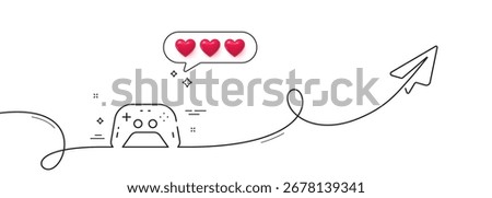 Gamepad line icon. Continuous line with share plane. Game joystick sign. symbol. Hearts rate review in speech bubble. Gamepad single line ribbon. Loop curve pattern. Vector