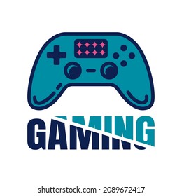 El logotipo del gamepad tiene tintes azules y está aislado en un fondo blanco. Ilustración vectorial plana. Logo para los fans de los videojuegos.