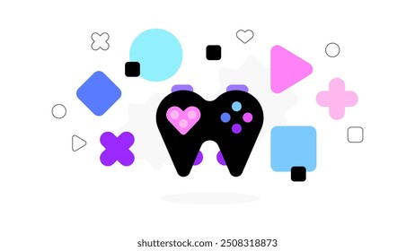 Gamepad and media elements. Gaming, media and entertainment. Abstract concept. Modern flat illustration. Vector file.