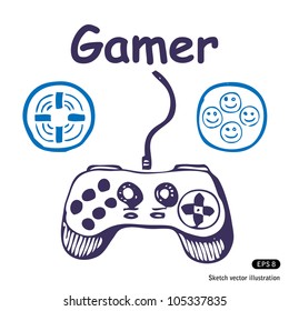 Gamepad and multiply icons. Hand drawn sketch illustration isolated on white background