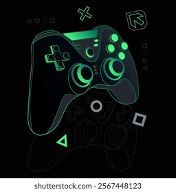 Gamepad in neon colors on black background. Vector illustration gamer console controller. Design for print