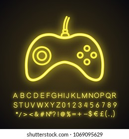Gamepad neon light icon. Joystick. Glowing sign with alphabet, numbers and symbols. Vector isolated illustration