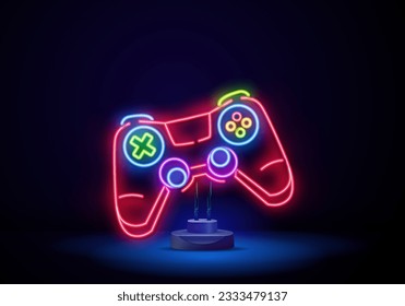 Gamepad neon sign, bright signboard, light banner. Game joystick logo neon, emblem. Vector illustration