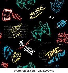 Gamepad pattern with motivation phrases My Game, time to win and play. Rock hand sign and gamepad with grunge splatterstextured black background. Gaming pront for textile, boy clothes, wrapping paper.