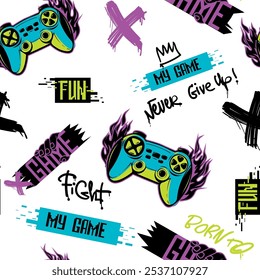 Gamepad pattern with motivation phrases My Game, time to win and play. gamepad with fire track in neon colors on white background. Gaming print for textile, boy clothes, wrapping paper.