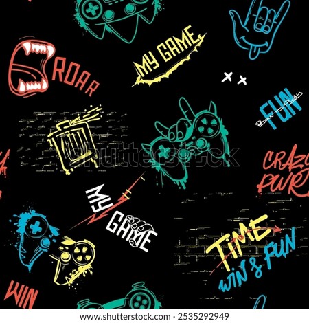 Gamepad pattern with motivation phrases My Game, time to win and play. Rock hand sign and gamepad with grunge splatterstextured black background. Gaming pront for textile, boy clothes, wrapping paper.