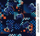Gamepad pattern on dark blue blackens with checkered. Game pads print on digital wall for sport textile, boy clothes, wrapping paper. Gamer ornament
