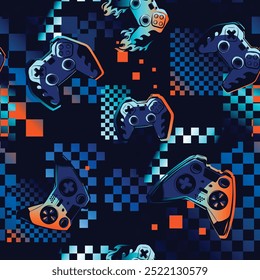 Gamepad pattern on dark blue blackens with checkered. Game pads print on digital wall for sport textile, boy clothes, wrapping paper. Gamer ornament