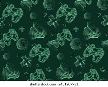 Gamepad pattern on digital lines background, cross sign, rounds, line waves. Gadgets and devices seamless pattern