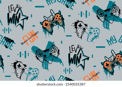 Gamepad pattern on grey background. Gaming print with linear gamepads and graffiti words Fun, My game, new level