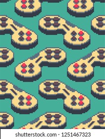 Gamepad pixel art pattern seamless. Joystick 8bit background. Video game Old school control lever