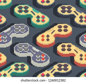 Gamepad pixel art pattern seamless. Joystick 8bit background. Video game Old school control lever