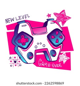 Gamepad poster on pink background with sketch stars, tic tac toe sign, text game over, new level. Gaming illustration with text drawing in street art style. Girlish gamer print for t shirt. Game art