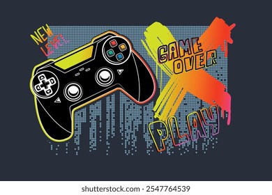 Cartaz de gamepad com texto Game over, novo nível. Fundo cinza e elementos digitais.  Sinal de cruz tinta de pintura de spray, manchas. Impressão em T com gamepad. Design de camiseta para menino