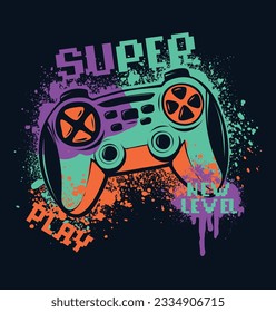 Gamepad print with Grunge textured background, text in digital style. Gaming poster. Game over t shirt design.