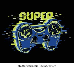 Gamepad print on black background with text Super in digital style. Gaming poster. Game over t shirt design.