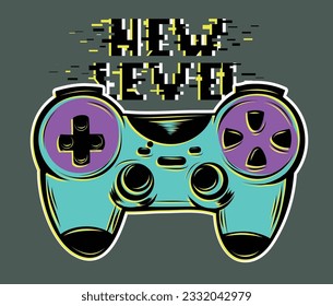 Gamepad print with text drawing in digital style. Gaming poster. New level t shirt design.