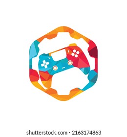Gamepad repair vector logo design template. Gear with console icon vector logo design.	