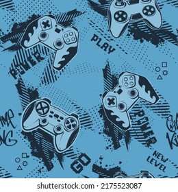 Patrón de repetición Gamepad en colores monocromos azules. Impresión de juegos sin fisuras para los textiles deportivos, la ropa de moda, el papel de envoltura.