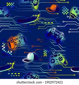 Gamepad Seamless Pattern.  Gamer Elements For Boy Clothes, Wrapping Paper. Repeat Print Fire Track, Skateboard, Electronic Circuits, Squares, Teenagers Cap.