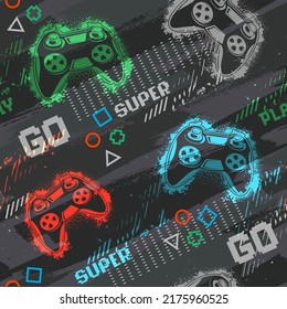 Gamepad seamless pattern with grey grunge brush track background. Gaming repeat print. Words Go, super, play. Shabby textured teenagers repeated ornament