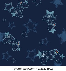 Gamepad seamless pattern with joystick sign and grunge stars. Game repeats print for sport textile, clothes, wrapping paper.