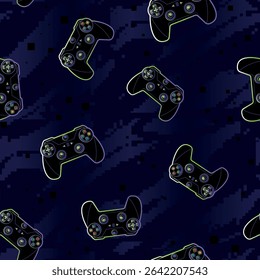 Gamepad Seamless vector pattern with neon-outlined game controllers and pixel squares dark digital background. Gaming print for fashion, textile, wrapping paper.