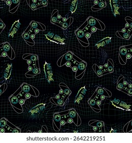 Gamepad Padrão de vetor sem emenda com controladores de jogo neon-outline e pixel quadrados fundo digital escuro. Impressão de jogos para moda, têxteis, papel de embrulho.