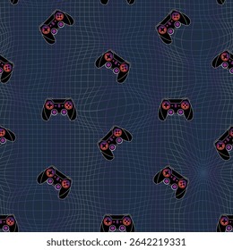 Gamepad Seamless vector pattern with neon-outlined game controllers and pixel squares dark digital background. Gaming print for fashion, textile, wrapping paper.