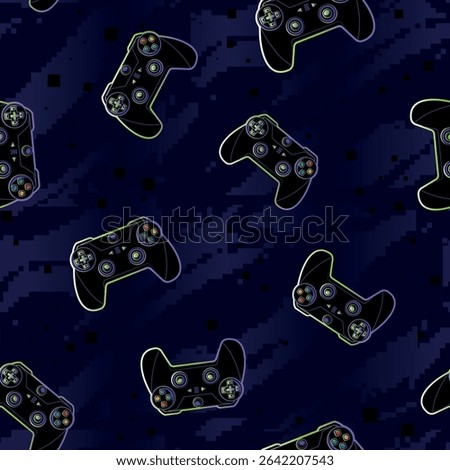 Gamepad Seamless vector pattern with neon-outlined game controllers and pixel squares dark digital background. Gaming print for fashion, textile, wrapping paper.