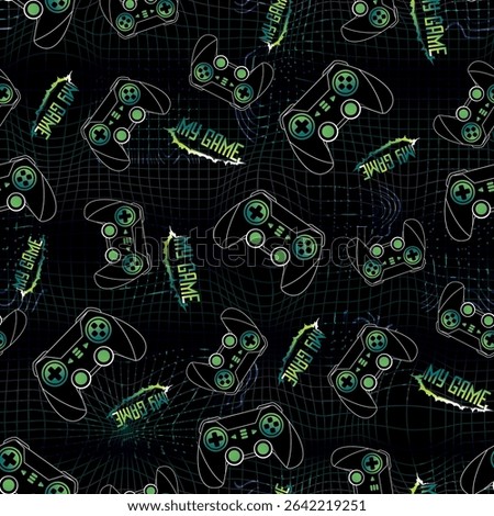 Gamepad Seamless vector pattern with neon-outlined game controllers and pixel squares dark digital background. Gaming print for fashion, textile, wrapping paper.