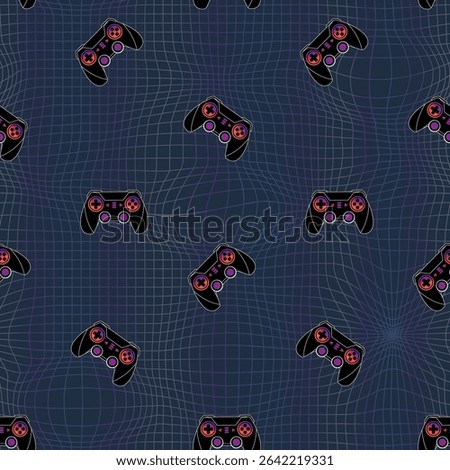 Gamepad Seamless vector pattern with neon-outlined game controllers and pixel squares dark digital background. Gaming print for fashion, textile, wrapping paper.