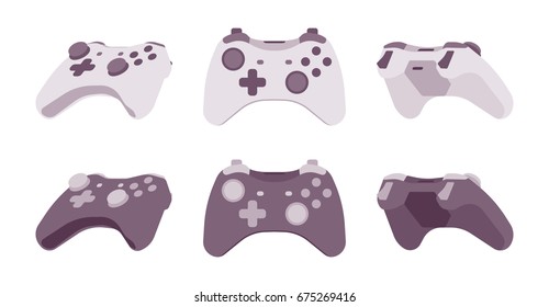 Gamepad set in black and white colors. Keyboard for playing computer games with action buttons for a realistic fun. Vector flat style cartoon illustration, isolated, white background
