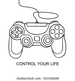 Gamepad sketch icon. Hand drawn vector illustration gamepad isolated on white background. Control your life concept motivation quote.