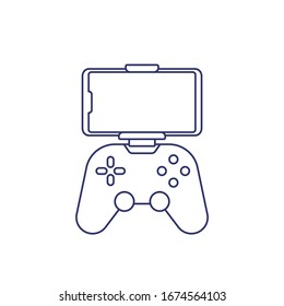 gamepad for smartphone line icon on white, game controller and phone