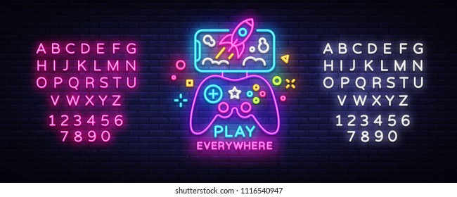 Gamepad and Smartphone neon sign vector. Games for Smartphone Logotype, Emblem in Modern Trend Design, Vector Template, Light Banner, Night Vivid Video Game Promotion. Vector. Editing text neon sign