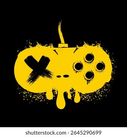 Gamepad Graffiti de pintura de spray e controlador de jogo com textura grungy. Gráfico de tinta Grunge Gamepad laranja, joystick, controlador e jogo de computador isolado no fundo preto para impressão em T