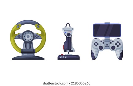 Gamepad and Steering Wheel as Game Controller and Input Device for Video Game Console Vector Set