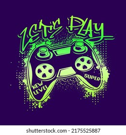 Diseño de camisetas Gamepad con elementos de color gris y frase con letras. Juguemos, nuevo nivel, super. Ilustración de Neon Gaming