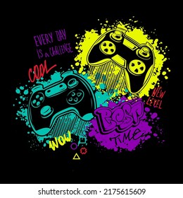 Gamepad t shirt design with grunge elements and hand written lettering phrases Game king, play, new level, wow never give up. Gaming illustration