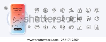 Gamepad, Timer and Money transfer line icons for web app. Phone mockup gradient screen. Pack of Cable section, Cloud sync, Home insurance pictogram icons. Vector