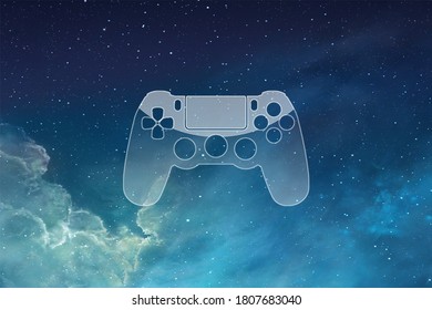 Ilustración transparente Gamepad con fondo de nubes y estrellas.