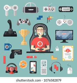 Gamepad vector gamer playing gameplay and player character gaming videogame with joystick or game-console illustration set of game gadgets isolated on background